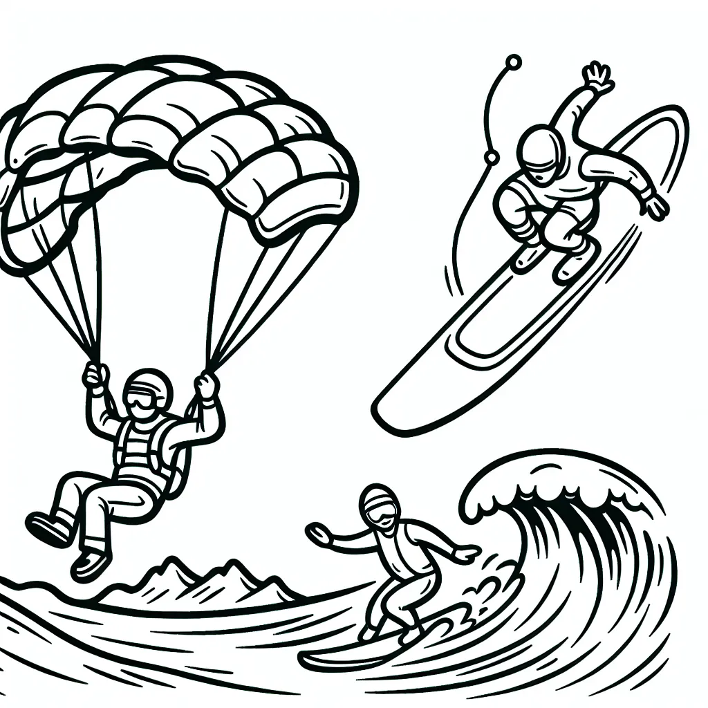 Dessine un parachutiste en pleine descente, un surfeur chevauchant une immense vague et un skieur exécutant un saut périlleux audacieux.