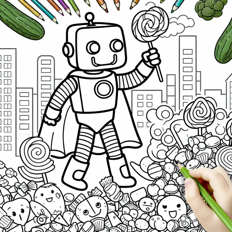 Imagine un coloriage plein d'énergie avec un robot superhéros qui sauve une ville remplie de bonbons de l'invasion maléfique des légumes!