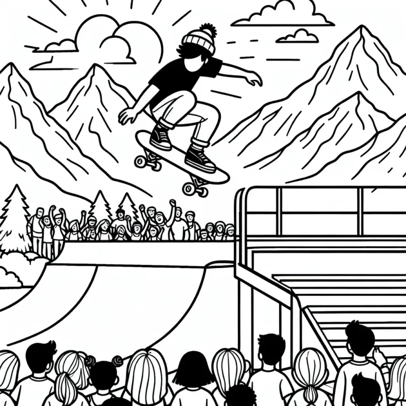 Imagine un skateur professionnel en plein saut au-dessus d'une rampe, avec des montagnes enneigées en arrière-plan. Ajoute également des spectateurs qui le regardent avec étonnement!