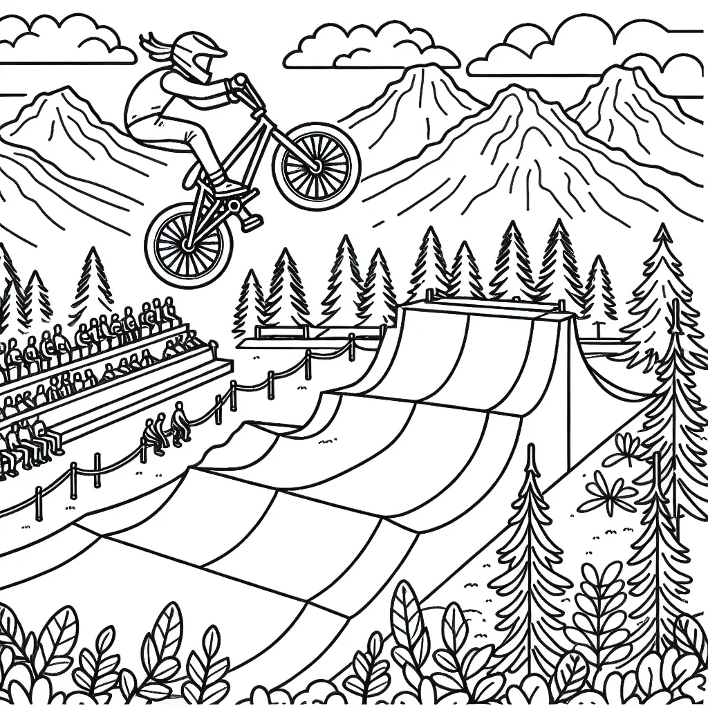 Créer un dessin impliquant un vélo BMX exécutant un saut épique au-dessus d'une piste entourée de montagnes, d'arbres et de public.