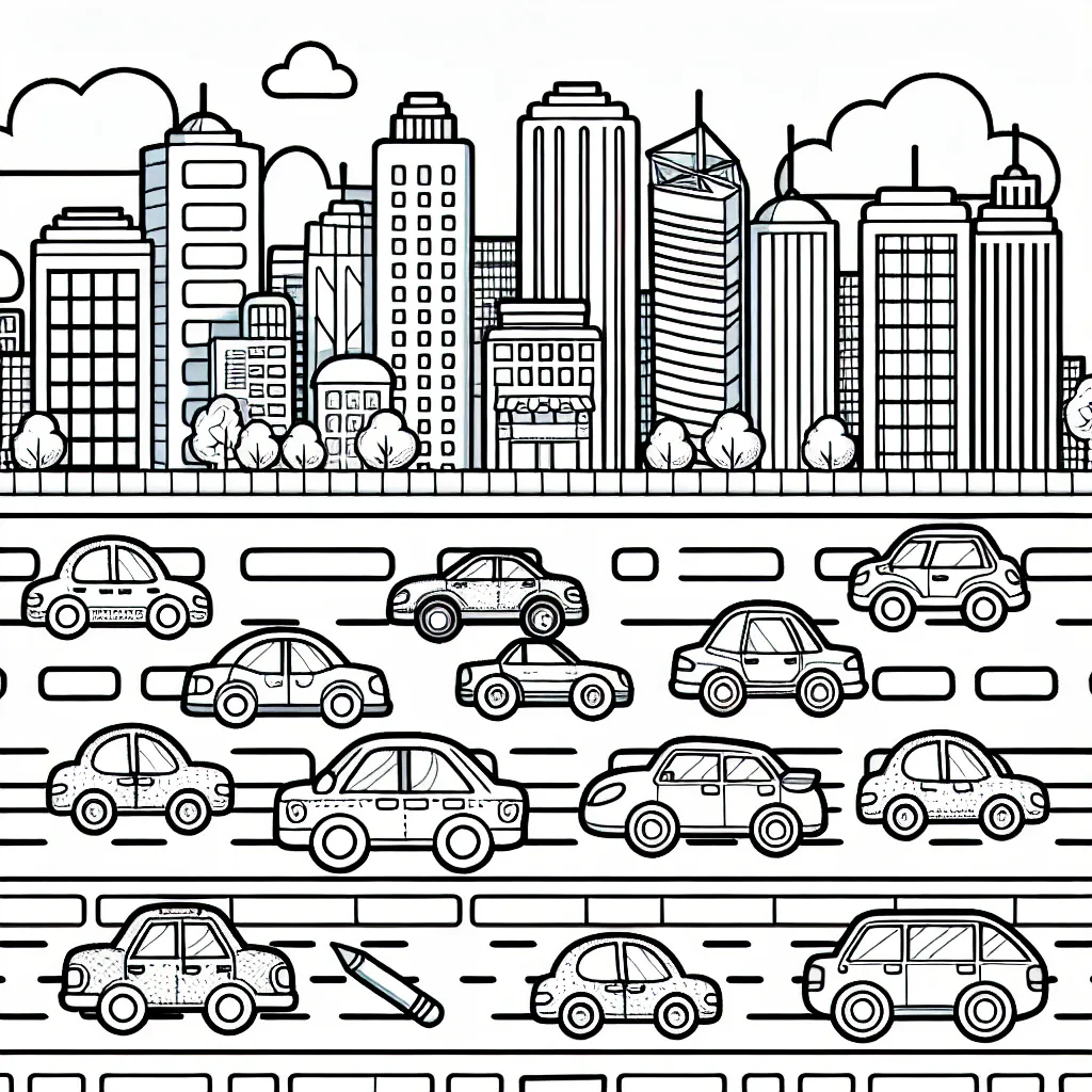 Dessinez une course de voitures colorées dans la ville animée, remplie de gratte-ciel, de magasins et de parcs.