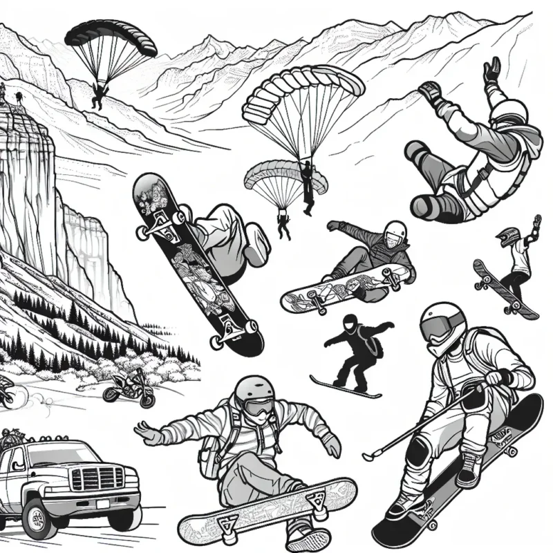 Dessine un parachutiste en plein vol survolant les montagnes rocheuses, un groupe de skateboarders dans un parc, un snowboarder sur une pente enneigée et un motard faisant un saut spectaculaire au-dessus d'un canyon.