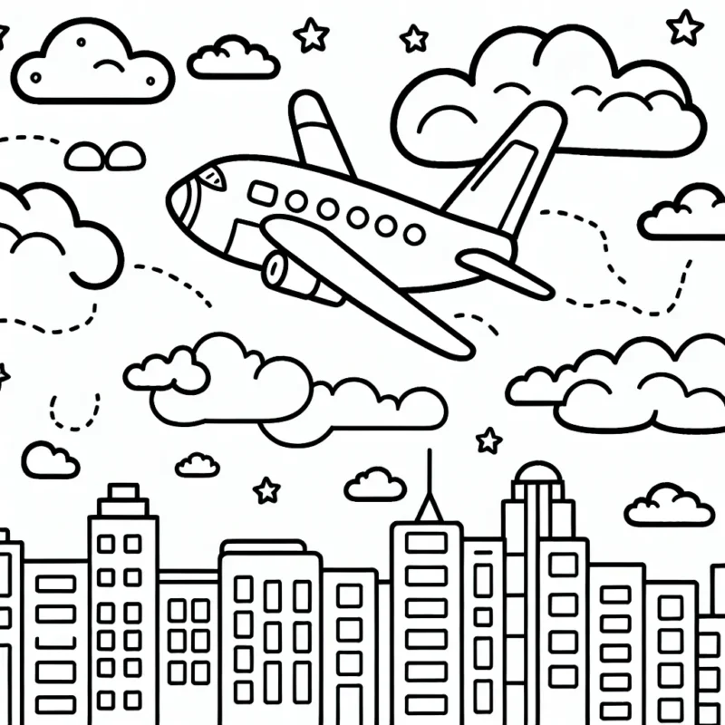 Dessine un avion survolant la ville, avec des nuages dans le ciel et des bâtiments en dessous