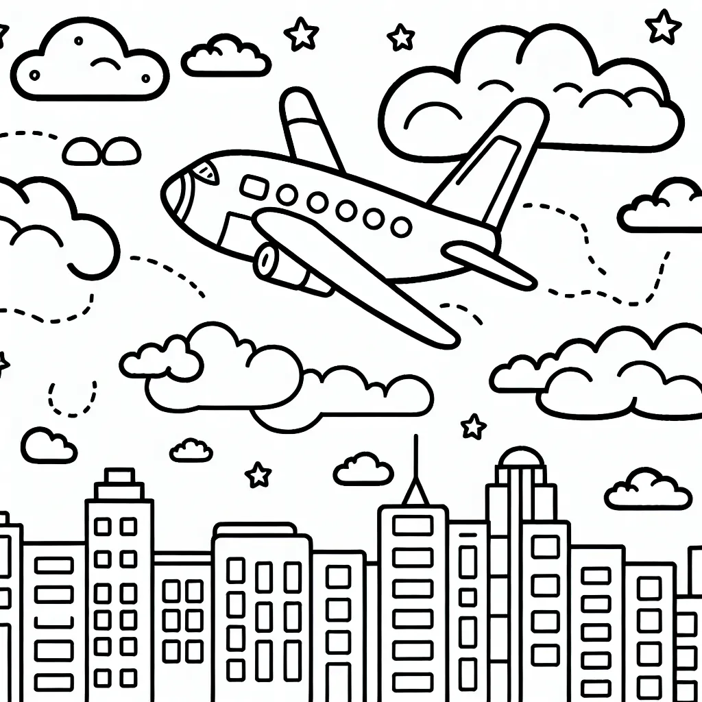 Dessine un avion survolant la ville, avec des nuages dans le ciel et des bâtiments en dessous