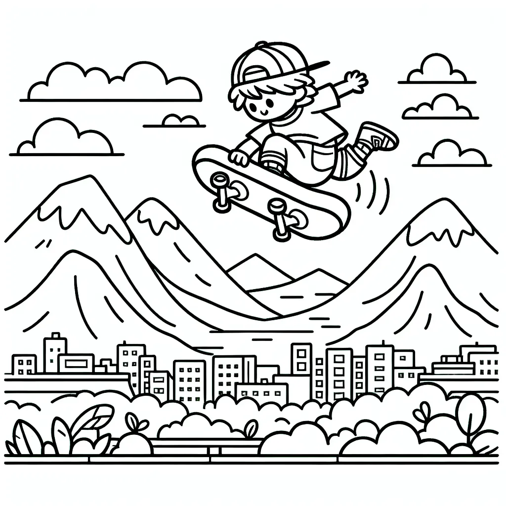 Dessin animé d'un skateur volant dans les airs après avoir sauté une immense rampe, avec des montagnes en arrière-plan et une ville en contrebas.