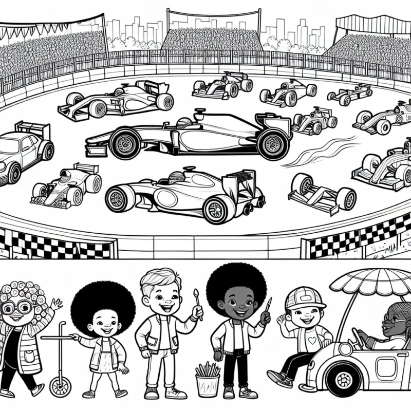 Imaginez un circuit automobile animé avec une grande variété de voitures - des voitures de course à la formule 1, des voitures classiques aux voitures électriques. Vous pouvez aussi ajouter des personnages comme des pilotes, des mécaniciens et des fans qui regardent la course. N'oubliez pas d'inclure des éléments de paysage comme des bâtiments, des stands de nourriture et des arbres.