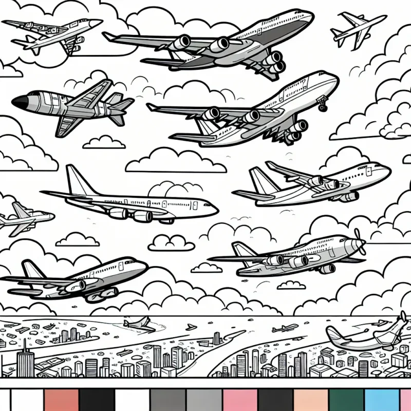 Imaginez un ciel rempli d'avions colorés, volant à travers les nuages. Chaque avion a son design spécifique et unique. Il y a des avions de chasse rapides et manœuvrables avec des ailes aiguisées, des jumbo jets massifs avec des fenêtres alignées et des hélices rugissantes, et des avions légers vibrants avec une variété de couleurs. Certains avions sont en plein vol, tandis que d'autres se préparent pour le décollage ou l'atterrissage. De plus, vous pouvez également colorier le paysage urbain et rural ci-dessous vu de la hauteur des avions