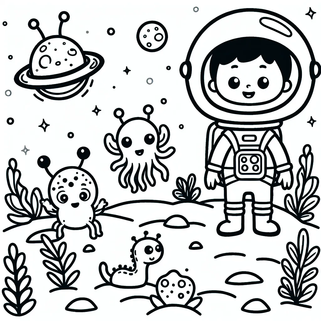 Un petit astronaute explorant une nouvelle planète remplie de créatures extraterrestres amicales