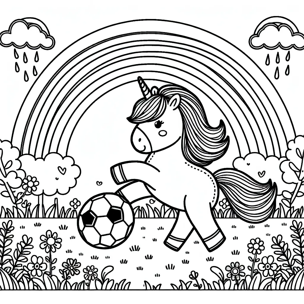 Une licorne jouant au football sous un arc-en-ciel