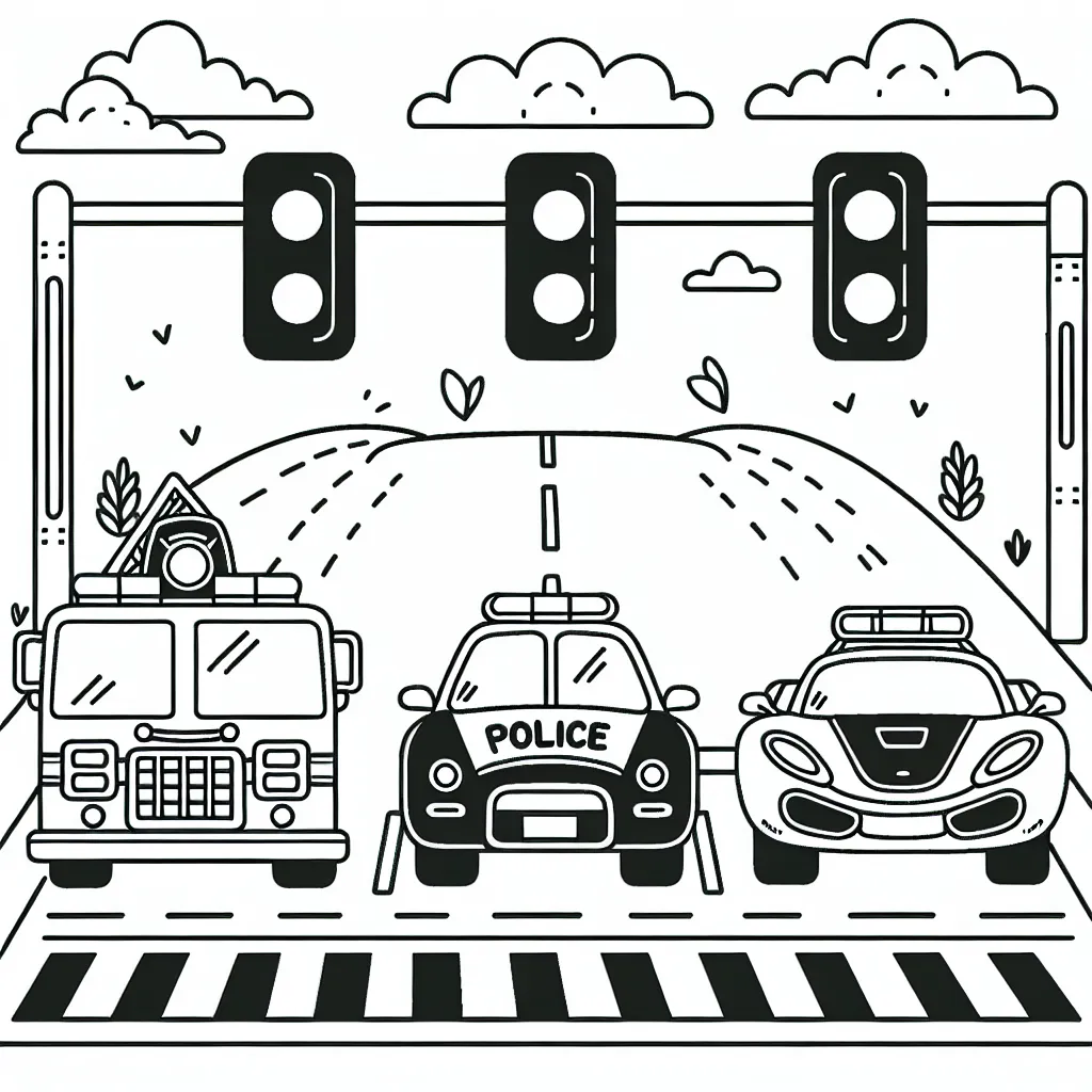 Un camion de pompier, une voiture de police et une voiture de course sont alignés côte à côte sur une ligne de départ, prêts pour une course amicale. Les feux de signalisation indiquent le début imminent de la course.