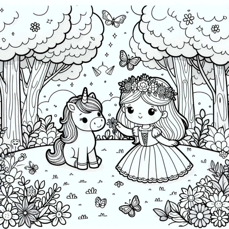 Une petite princesse joue avec son chaton unicorne dans une forêt enchantée pleine de fleurs et de papillons.