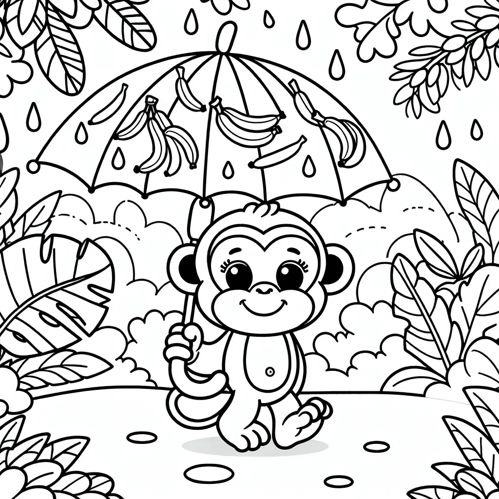 Visualise une scène ou un singe joyeux tient un parapluie décoré de bananes dans une jungle lumineuse et colorée.