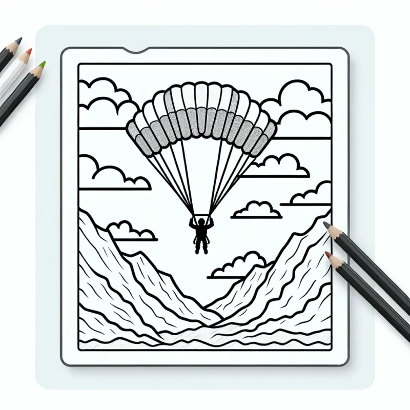 Dessine un parachutiste en pleine descente avec les montagnes en arrière-plan