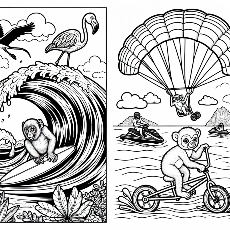 Sur une planche de surf géante, un singe fait du surf sur une vague énorme avec un flamant rose qui parapente au-dessus, pendant qu'un kangourou fait du BMX sur un arc-en-ciel. Au loin, des dauphins font du jet-ski.