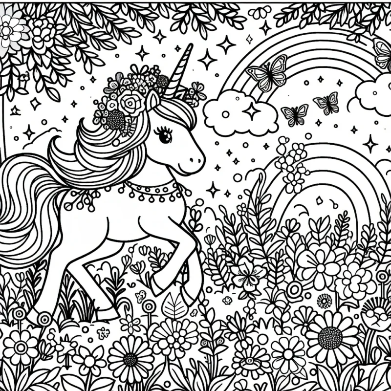 Imagine une licorne princesse dans un jardin enchanté rempli de fleurs, papillons et arc-en-ciel.