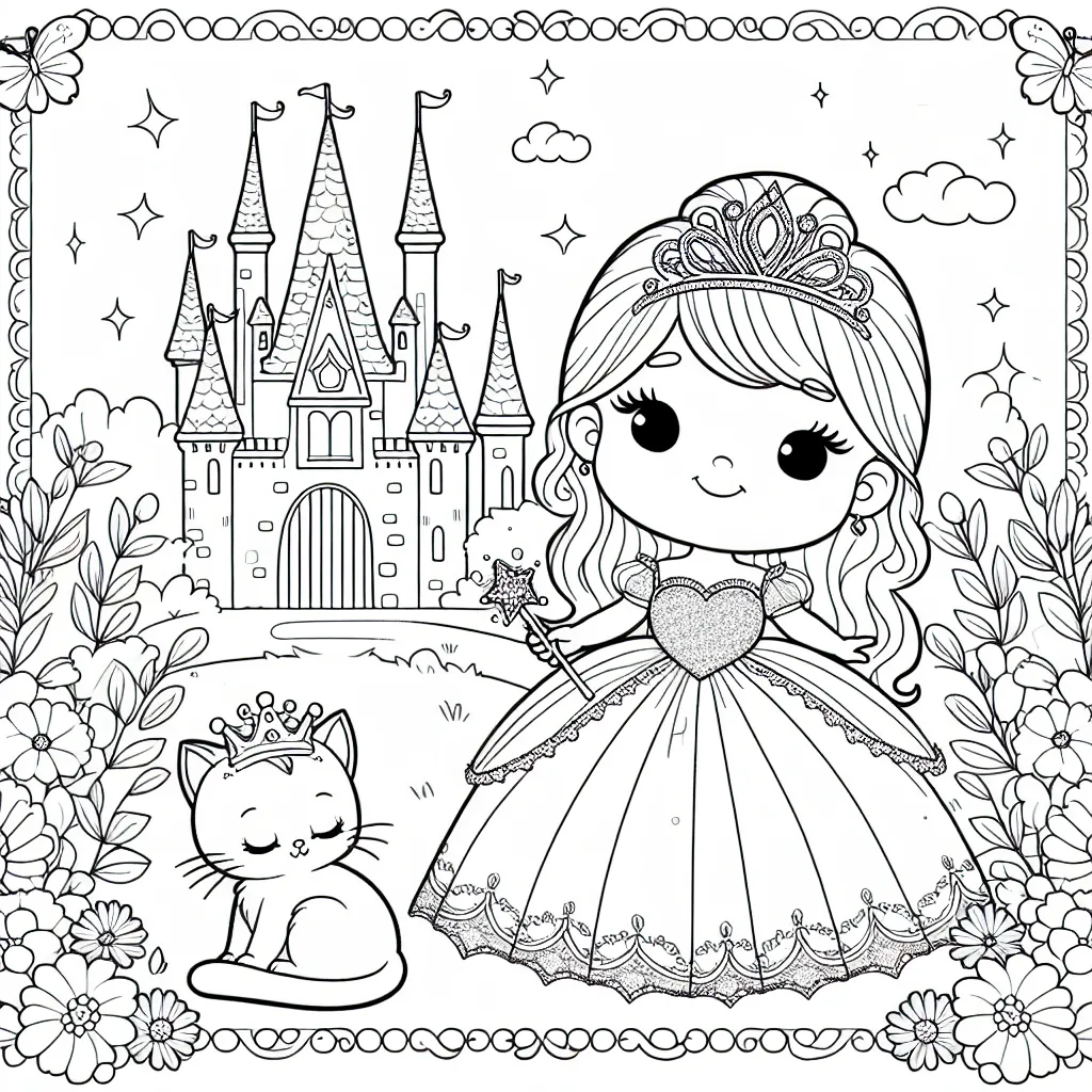 Dessin représentant une petite princesse avec sa robe magnifique, son diadème scintillant, sa petite baguette magique et son chaton endormi à ses pieds, elle se trouve dans son château enchanté au milieu d'un beau jardin fleuri.