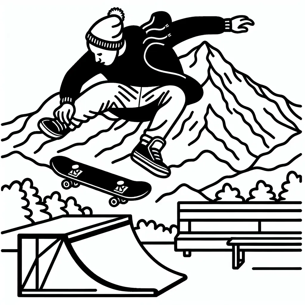 Un skateur professionnel sautant par-dessus une rampe gigantesque avec une montagne enneigée en arrière-plan