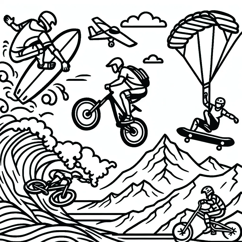 Imaginez et dessinez des athlètes pratiquant des sports extrêmes, comme du surf sur de grandes vagues, du saut à vélo sur des rampes de skateboard, de l'escalade sur de hautes montagnes, et du parapente à travers le ciel.