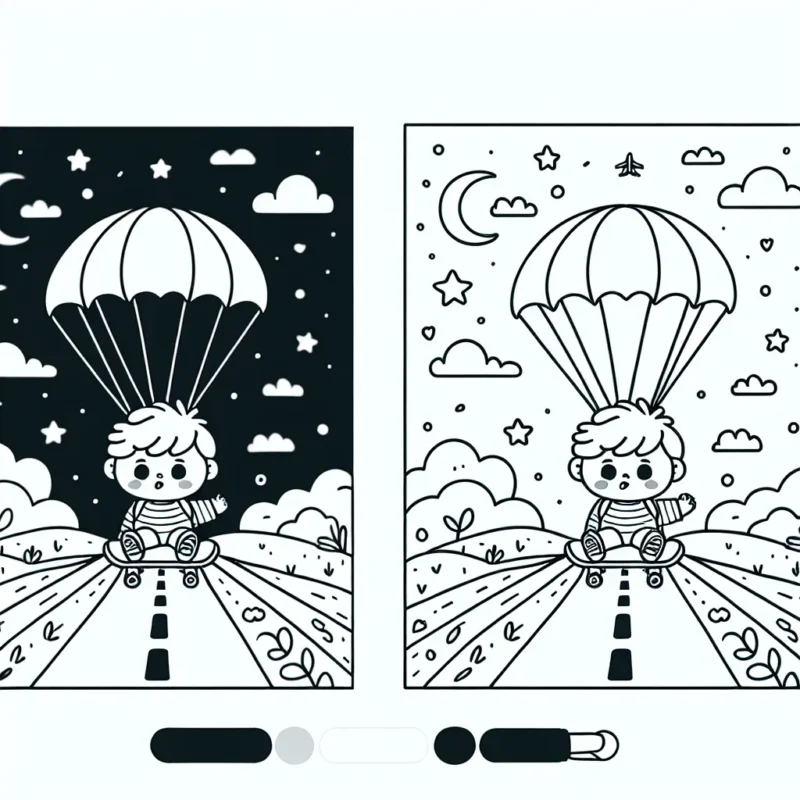 Planche à roulettes sur la rampe et parachute dans le ciel