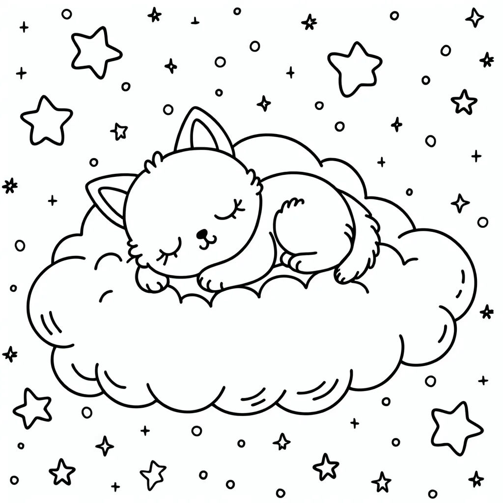 Imagine un adorable chaton endormi sur un nuage moelleux, avec des étoiles scintillantes tout autour.