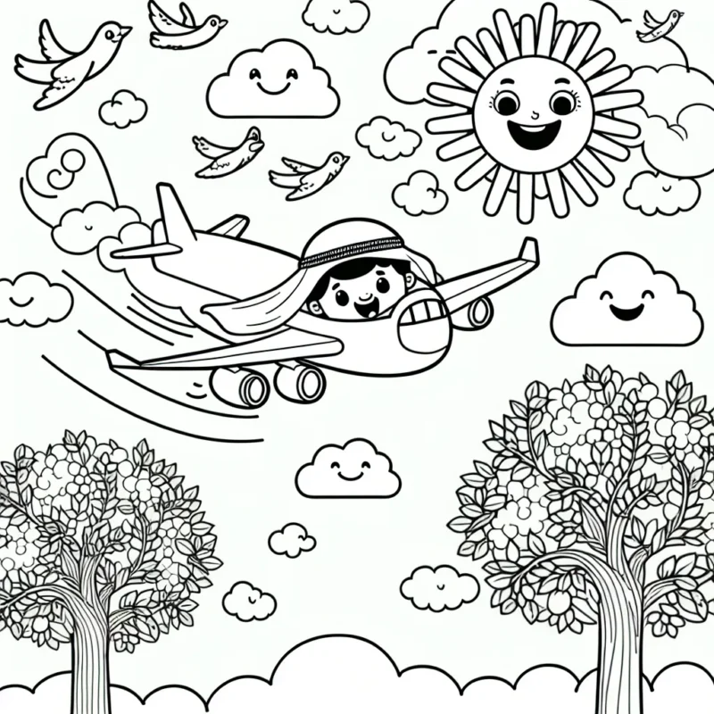 Un pilote d'avion joyeux volant au-dessus des nuages avec des oiseaux, un soleil souriant et une terre verdoyante en-dessous.