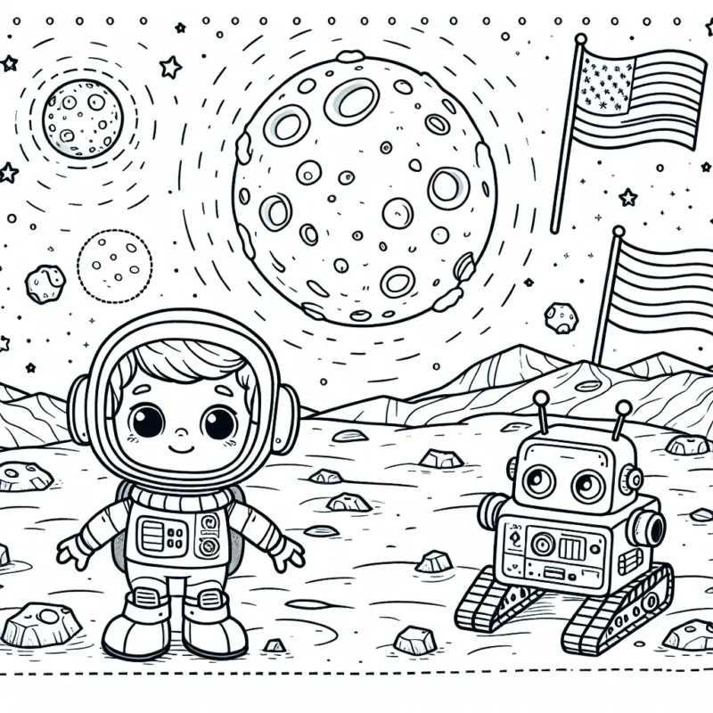 Un petit astronaute curieux explore la lune, accompagné de son fidèle robot. Ils découvrent des cratères, des rochers lunaires et même un drapeau étranger.