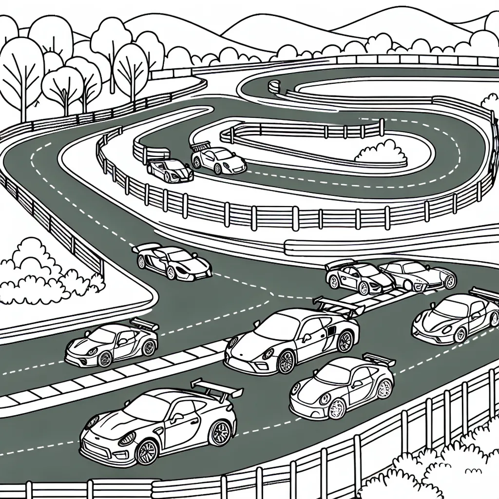 Imagine un parcours de course avec différentes variétés de voitures, montrant des détails précis de chaque voiture et des éléments de paysage le long de la piste.