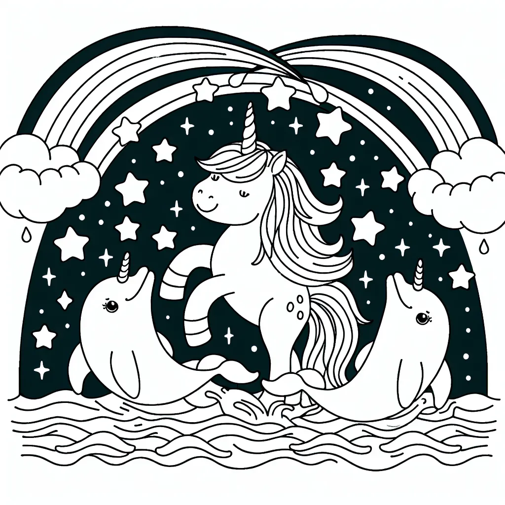 Imaginez un dessin où une licorne à trois têtes joue avec des dauphins sous une pluie d'étoiles.