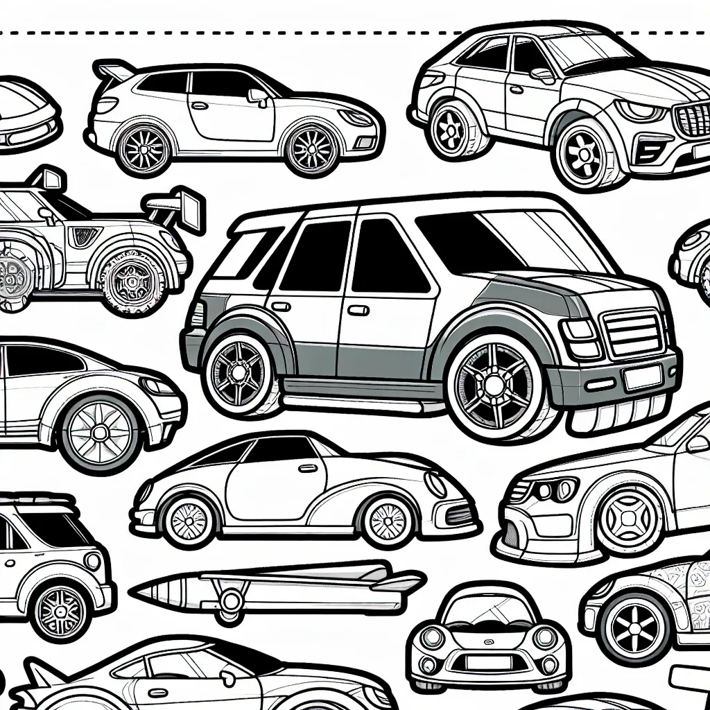 Dessine une scène d'exposition de voitures avec des voitures de différentes marques célèbres comme Toyota, BMW, Audi et Chevrolet.