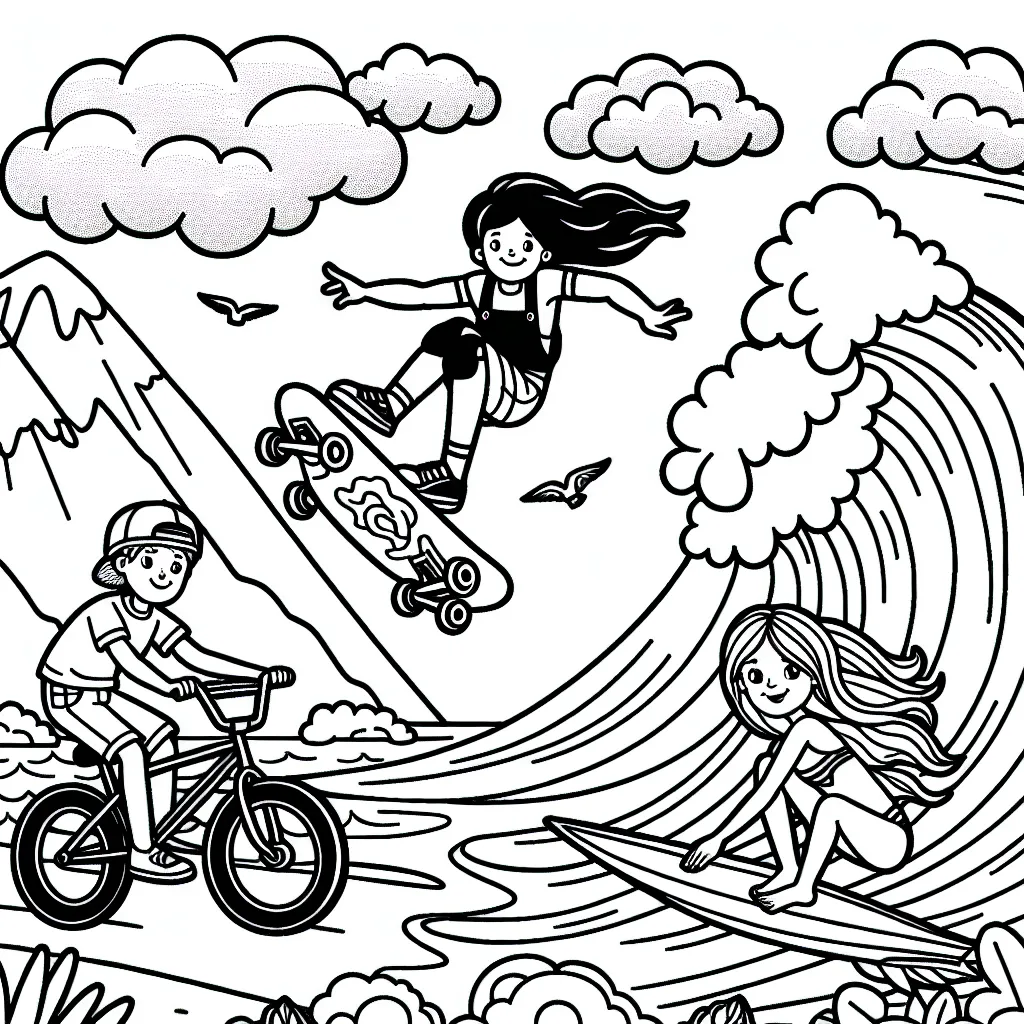 Un bmx volant par-dessus une montagne, une fille faisant du surf sur de grosses vagues et un garçon faisant du skateboard sur une rampe