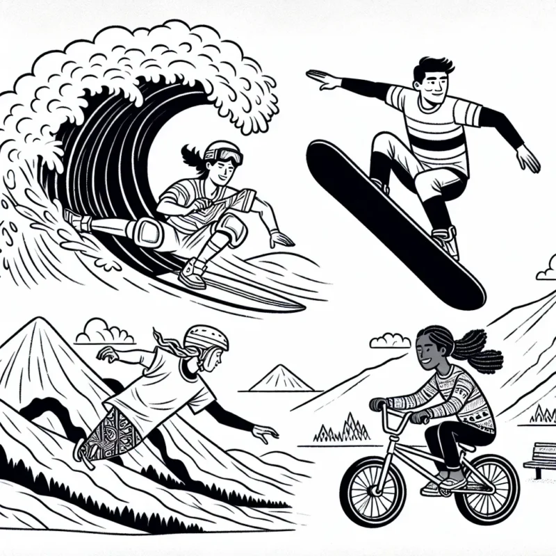 Dessine un athlète sur une planche de surf survolant une vague géante, une snowboardeuse faisant un saut périlleux en haut d'une montagne et une personne faisant du BMX sur une rampe verticale. Ajoute des détails comme le vent dans les cheveux, l'expression du visage et les vêtements sportifs.