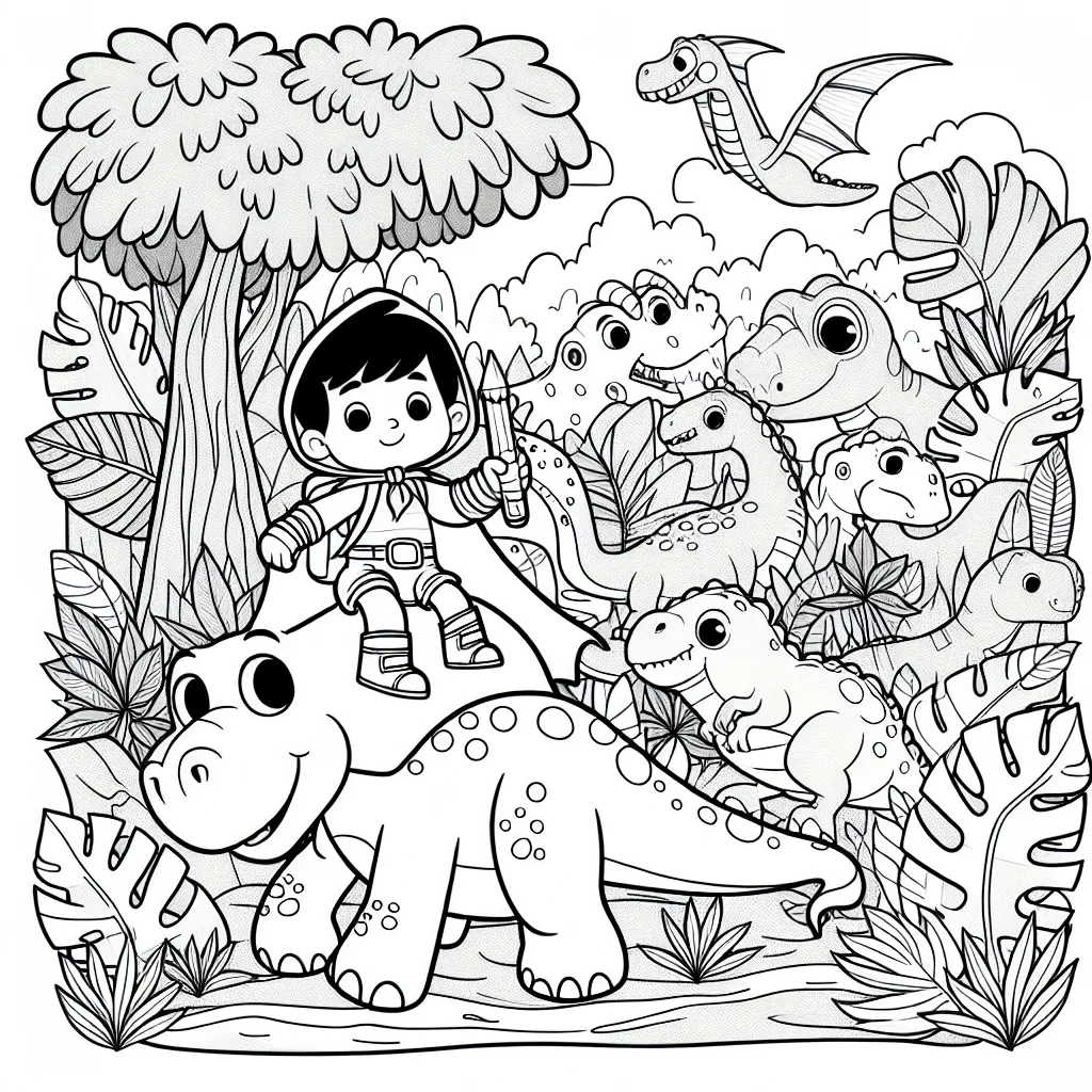 Notre petit héros explore une jungle luxuriante peuplée de dinosaures amicaux. Aide-le à ajouter de la couleur à cet incroyable univers !