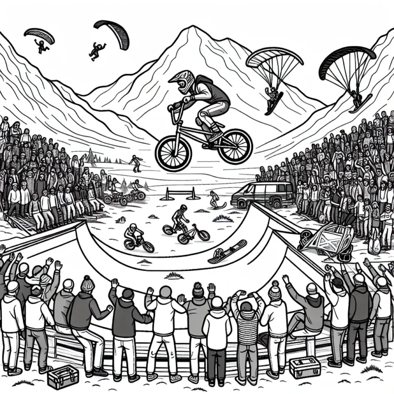 Imaginez un cycliste effectuant un saut impressionnant sur une piste de BMX, entouré de spectateurs ébahis. À l'arrière-plan, d'autres sportifs extrêmes pratiquent le parapente et le snowboard sur des montagnes enneigées.