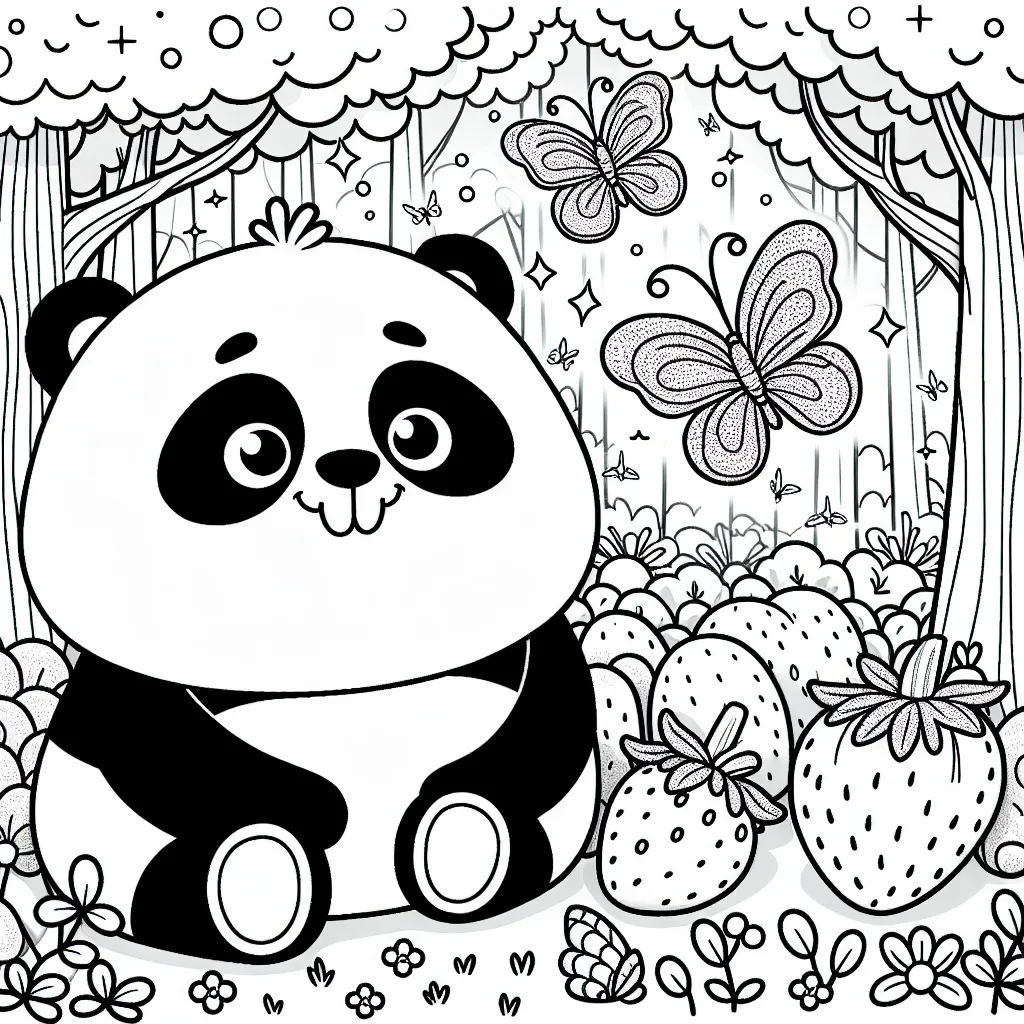 Un panda géant fou d'amusement dans une forêt enchantée remplie de papillons brillants et de fraises géantes