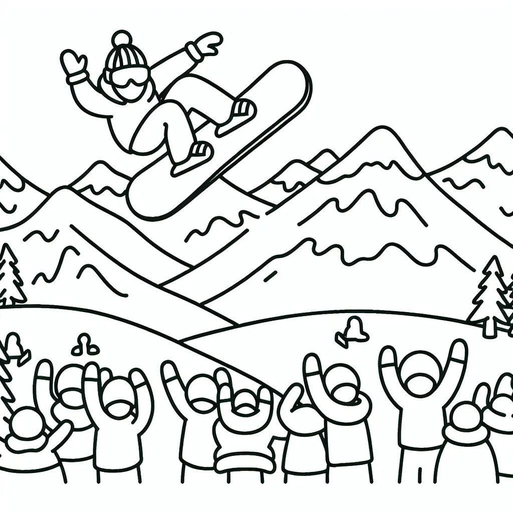 Dessine un snowboarder faisant un saut périlleux au-dessus des montagnes enneigées avec des spectateurs qui l'encouragent depuis le bas.