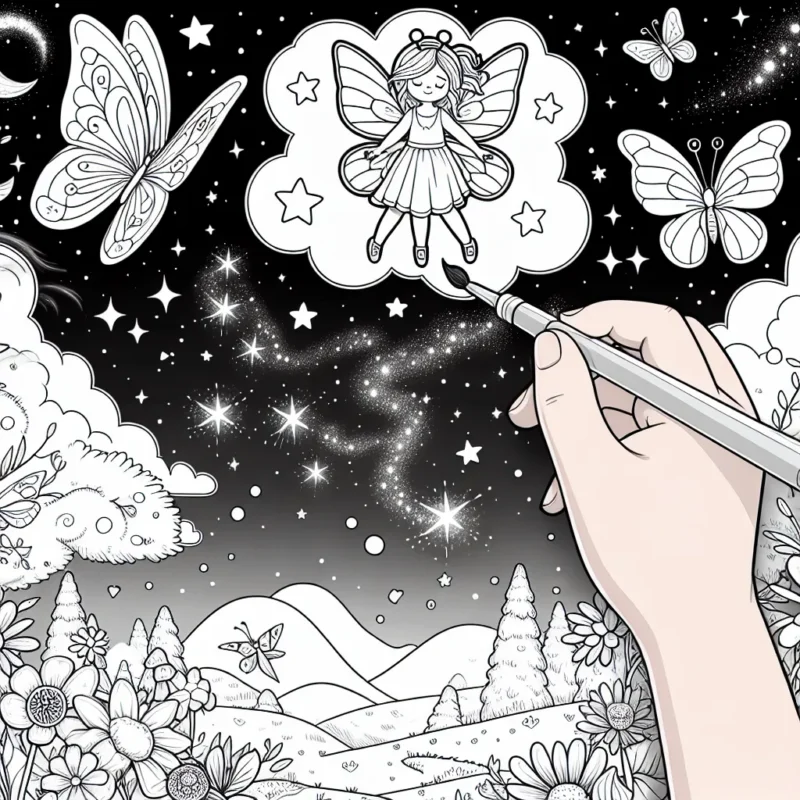 Une petite fée dessine la voie lactée dans le ciel avec sa baguette magique. Elle est entourée de papillons lumineux qui volent autour d'elle. En bas, imaginons une scène de la forêt enchantée avec des fleurs qui bougent au rythme du vent et des créatures mystérieuses qui observent avec admiration la fée.