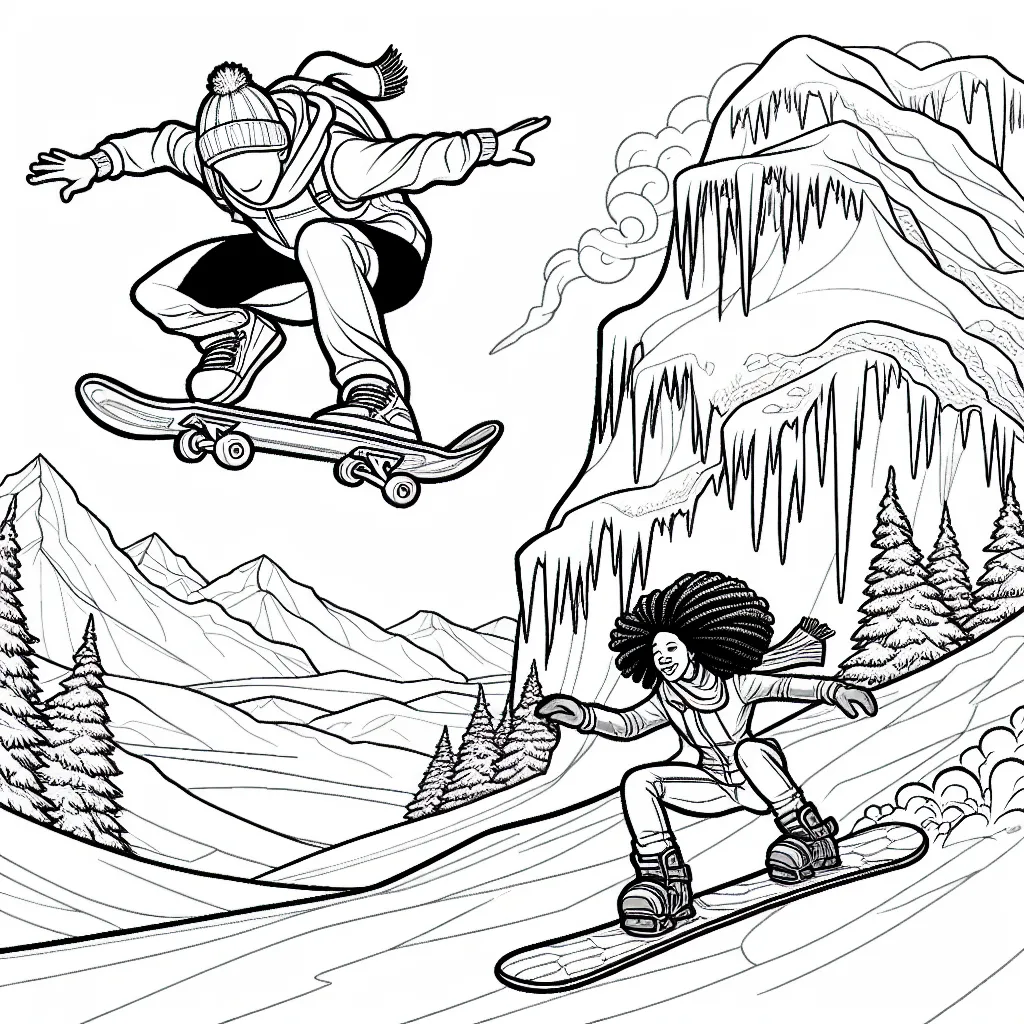 Dessine un skateur faisant un saut impressionnant par-dessus une énorme montagne de glace, tandis qu'une snowboardeuse dévale la pente rapide et glacée de la montagne en arrière-plan.