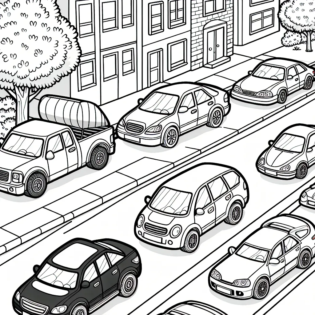 Imagine une scène de rue avec des voitures de différentes marques garées le long du trottoir. Les voitures pourraient être de marques comme BMW, Audi, Mercedes, Ford, Tesla, Volkswagen, etc. N'oubliez pas de dessiner des détails comme les logos de marques, les phares, les roues, etc., ce qui va te permettre d'apprendre les symboles des plus grandes marques de voitures pendant le coloriage.