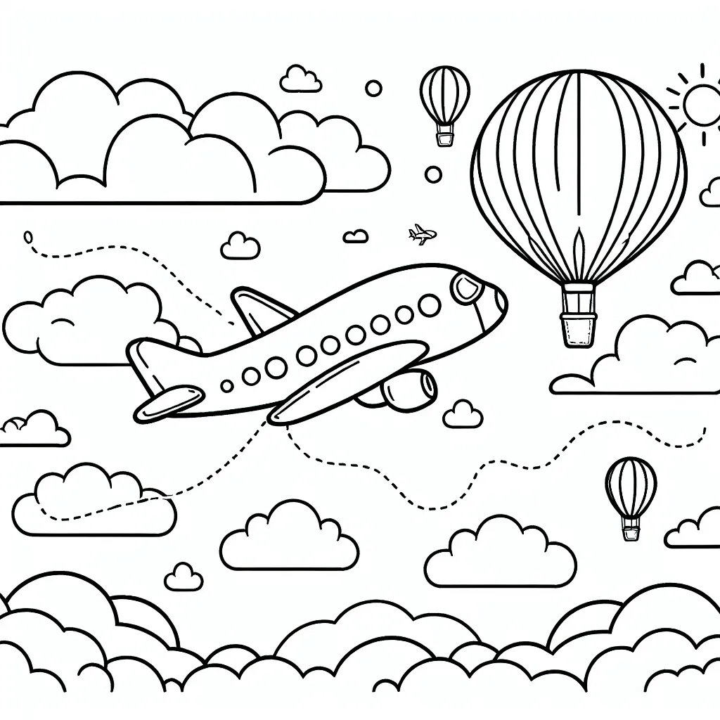 Vous voyez une image d'un avion en plein vol, naviguant dans le ciel avec une traînée de nuages derrière lui. Il y a aussi une variété de ballons à air chaud dans le ciel. L'avion, les ballons, le ciel, les nuages - tous nécessitent votre imagination pour devenir vivants avec des couleurs.