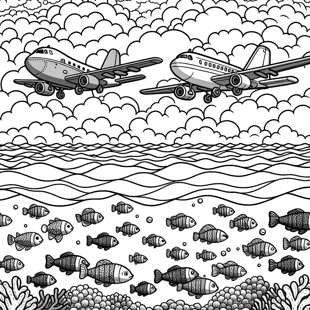 Imaginez une scène où deux avions survolent l'océan, avec de nombreux poissons nageant en dessous. Les avions défilent dans le ciel avec des formes de nuages fantastiques autour.