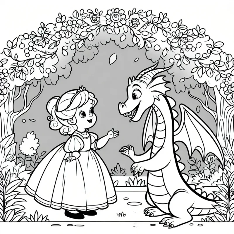 Un dragon amical jouant avec une princesse dans un jardin enchanté