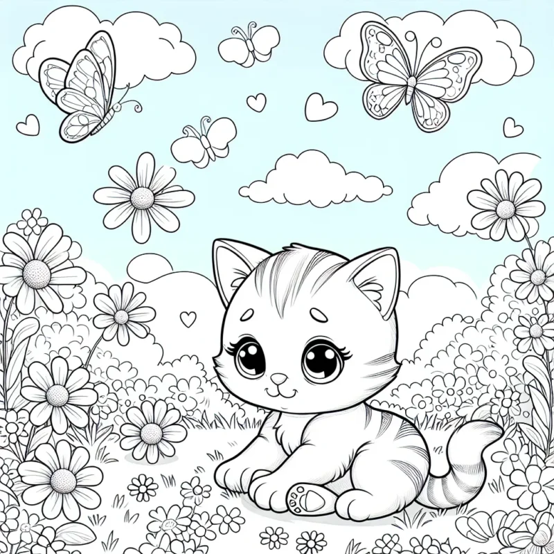 Un adorable petit chaton joue avec des papillons dans un pré fleuri sous le ciel ensoleillé d'un après-midi d'été.