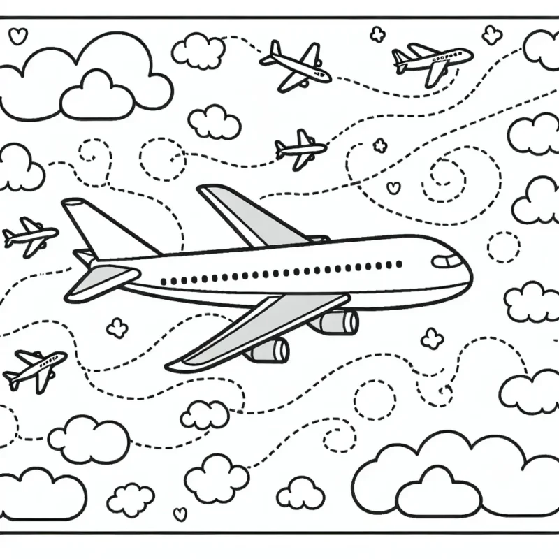 Dessine un grand avion de passagers en plein vol entouré de petits avions jet qui dessinent des motifs colorés dans le ciel.