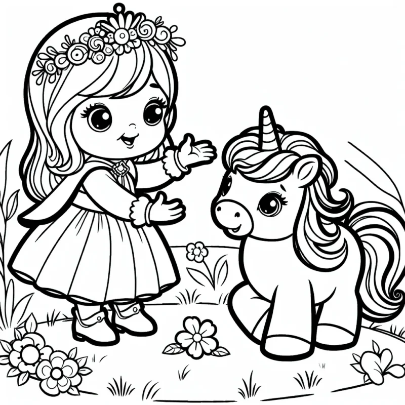 Une petite princesse jouant avec son poney magique dans un jardin enchanté