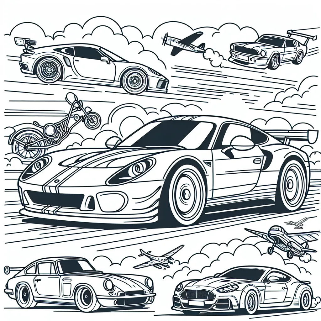 Invente un dessin de la course ultime d'automobiles, avec différentes voitures mondialement connues comme une Ferrari, une Aston Martin et une Porsche en pleine action.