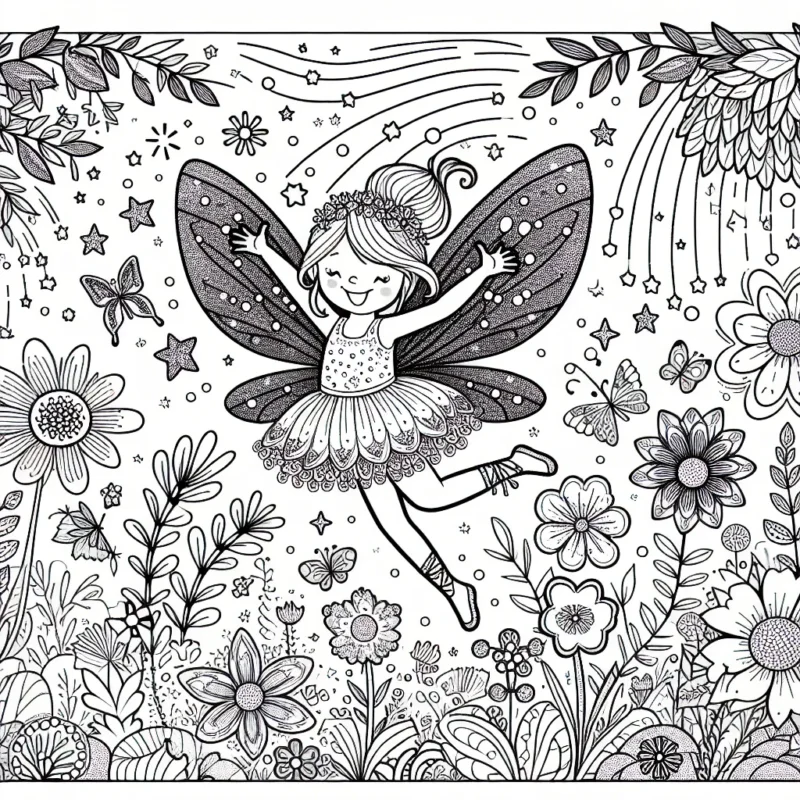 Dessine une fée joyeuse avec des ailes pailletées dans un jardin enchanté plein de fleurs colorées et d'animaux féeriques.