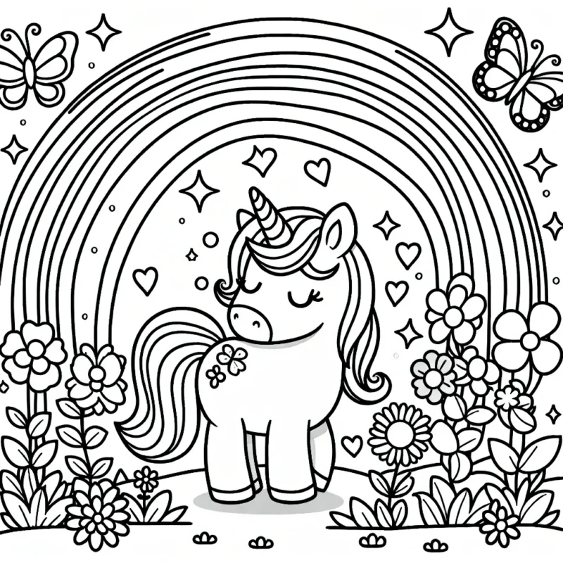 Dessine une licorne joyeuse sous un arc-en-ciel magique, entourée de jolies fleurs et de papillons colorés dans un royaume enchanté.