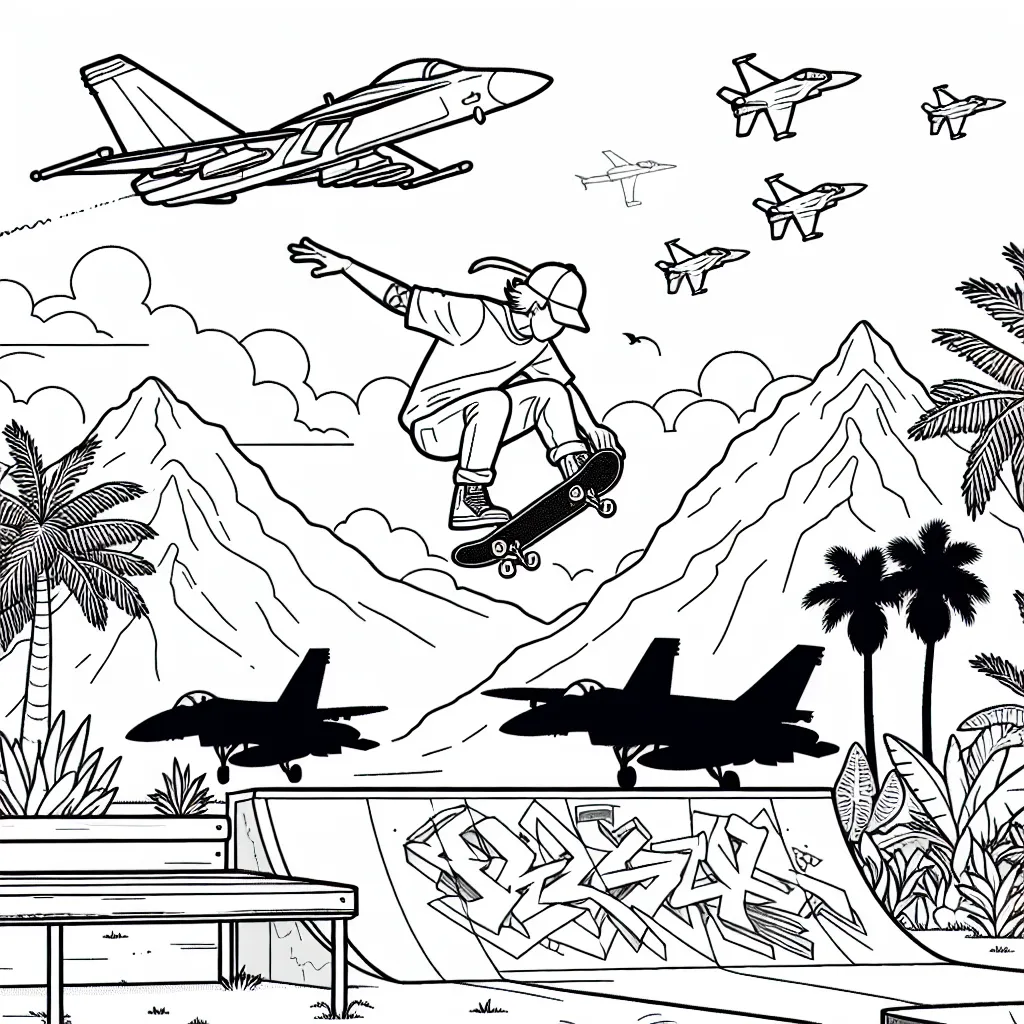 Dessin d'un skateur en plein vol au-dessus d'une rampe dans un skate-park, avec des montagnes en arrière-plan. Ajoute des avions de chasse et des oiseaux pour donner une impression d'altitude. N'oublie pas de dessiner des palmiers autour du skate-park et des graffitis sur la rampe