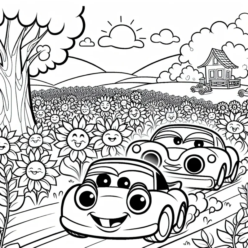 Dessinez une course folle de voitures de dessins animés avec des visages souriants qui roulent à travers des champs de tournesols et passent à côté d'une cabane dans les arbres.