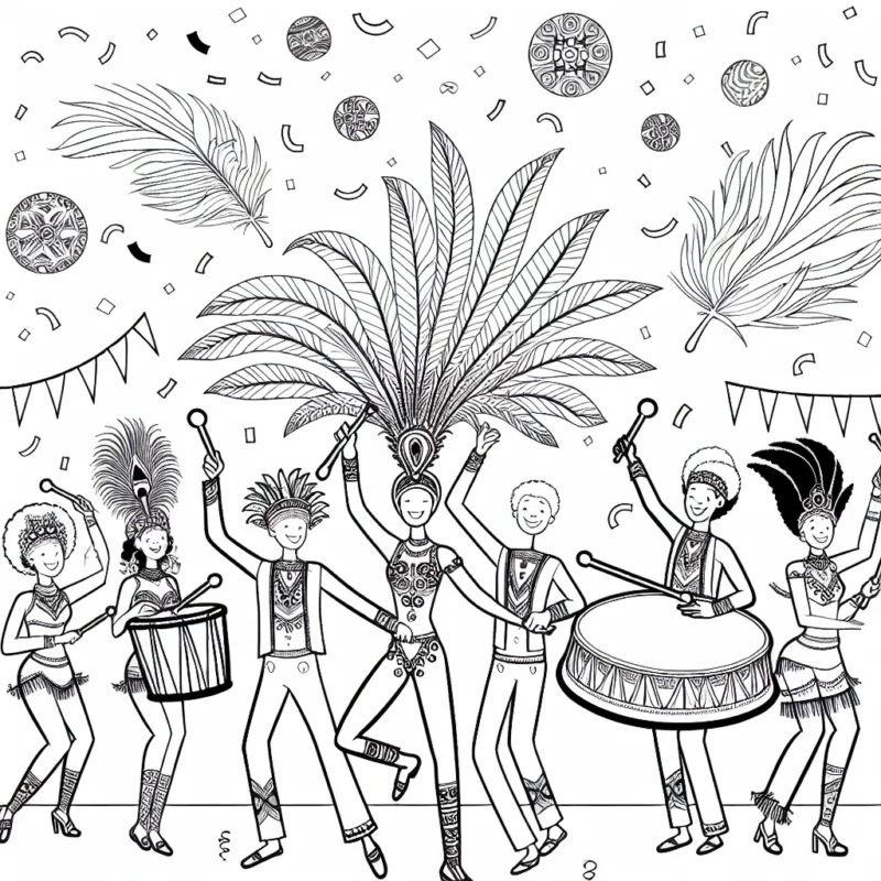 Notez les détails d'une scène de carnaval brésilien, avec des danseurs de samba en costume coloré, des tambours gigantesques et des plumes flottantes. N'oubliez pas d'ajouter des confettis de toutes les couleurs!